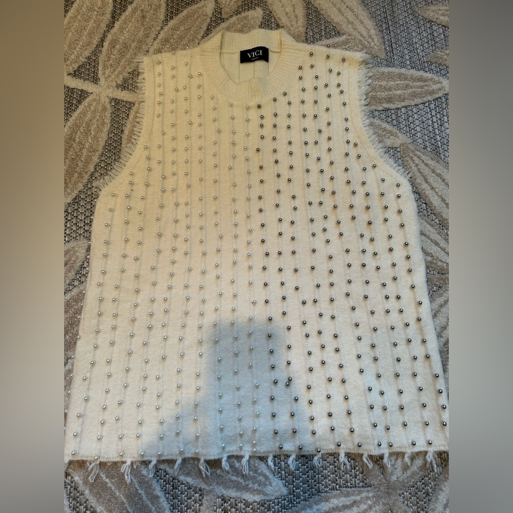 Vici Cream Knit Sweater Vest w/ Pearls